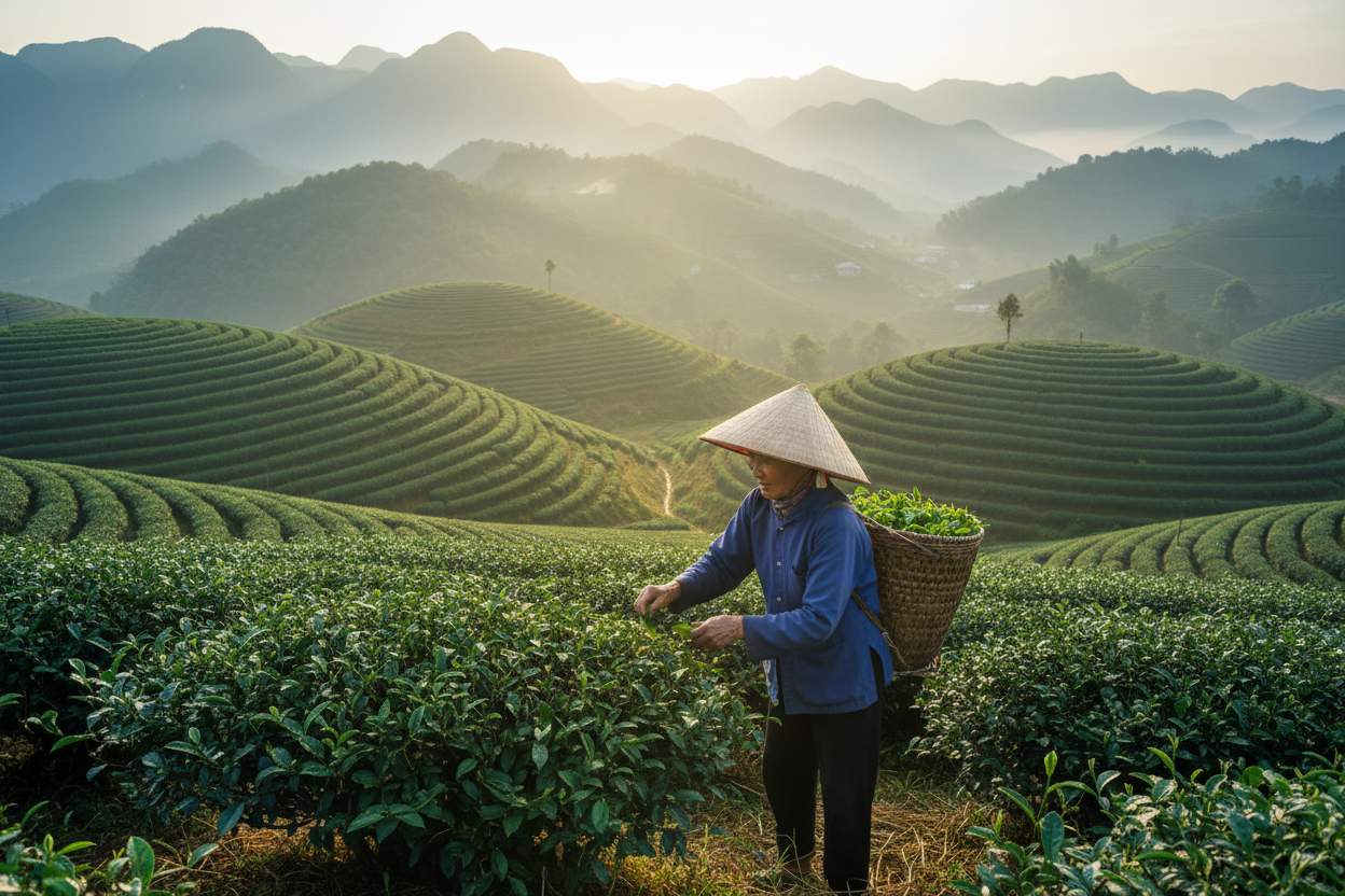 Montagne de thé au Vietnam avec une vieille cueilleuse